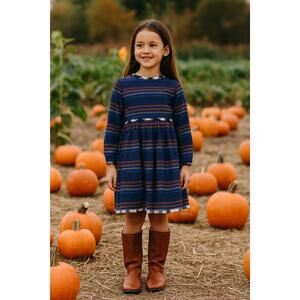 Hanna Andersson Reversible Dress Blue Plaid Stripe Organic Cotton Size 10